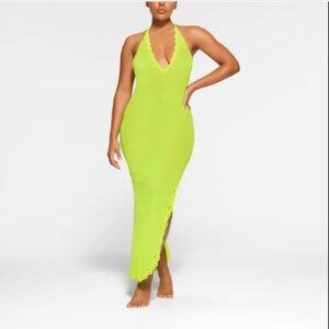SKIMS Summer Mesh Lace Plunge Long Dress Green Highlighter XL NWT